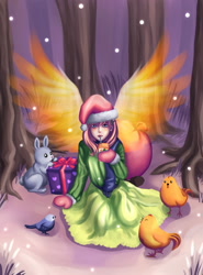 Size: 1275x1725 | Tagged: safe, artist:ninjaham, character:fluttershy, species:bird, species:human, species:rabbit, animal, christmas, clothing, hat, holiday, humanized, juice, juice box, long skirt, looking at you, present, santa hat, sitting, skirt, snow, snowfall, tree, winged humanization, wings
