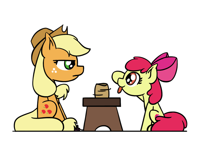 Size: 648x486 | Tagged: safe, artist:flutterluv, character:apple bloom, character:applejack, species:earth pony, species:pony, animated, applejack is not amused, behaving like a cat, duo, female, filly, mare, ponified animal photo, ponified animal video, pottery, siblings, simple background, sisters, tongue out, unamused, white background