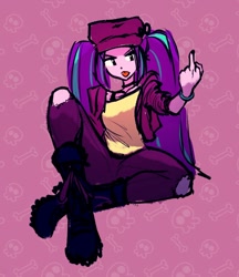 Size: 1290x1490 | Tagged: safe, artist:rileyav, character:aria blaze, my little pony:equestria girls, clothing, female, flipping off, fuck you, hat, jacket, middle finger, patterned background, shirt, sitting, solo, tongue out, torn jeans, vulgar