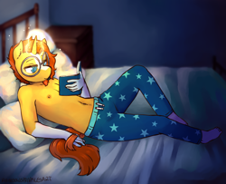 Size: 3700x3000 | Tagged: safe, artist:rainbowsprinklesart, character:sunburst, species:anthro, species:plantigrade anthro, species:unicorn, g4, bed, belly button, blushing, book, clothing, glasses, heart, magic, male, nipples, nudity, partial nudity, signature, solo, stallion, telekinesis, topless