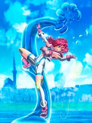 Size: 3101x4141 | Tagged: safe, artist:mauroz, character:pinkie pie, species:human, alternate hairstyle, anime, armpits, battle suit, belly button, breasts, busty pinkie pie, city, cloud, cutie mark, humanized, hydrokinesis, ice, open mouth, sky, water
