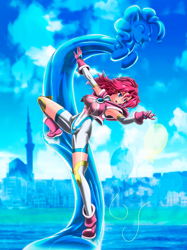 Size: 3101x4141 | Tagged: safe, artist:mauroz, character:pinkie pie, species:human, alternate hairstyle, anime, armpits, battle suit, belly button, breasts, busty pinkie pie, city, cloud, cutie mark, humanized, ice, magical girl, open mouth, sky, water