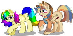 Size: 1280x640 | Tagged: safe, artist:rainbowtashie, commissioner:bigonionbean, writer:bigonionbean, character:braeburn, oc, oc:rainbow tashie, oc:spicy cider, species:earth pony, species:pegasus, species:pony, aroused, bedroom eyes, blushing, butt, clothing, cowboy hat, female, flank, fusion, fusion:spicy cider, hat, in love, jumpsuit, love, male, mare, nintendo 64, oc x oc, plot, shaking, shipping, shocked, simple background, stallion, stetson, straight, sultry pose, surprised, transparent background, wind waker (character)