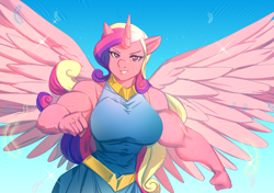 Size: 1400x988 | Tagged: safe, artist:bakki, character:princess cadance, species:alicorn, species:anthro, species:pony, big breasts, breasts, busty princess cadance, female, muscles, muscular female, princess ca-dense, solo