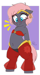 Size: 1265x2385 | Tagged: safe, artist:notenoughapples, oc, oc:vedalia rose, species:earth pony, species:pony, belly button, blushing, clothing, cosplay, costume, embarrassed, genie, shantae, shantae (character), simple background, solo, transparent background