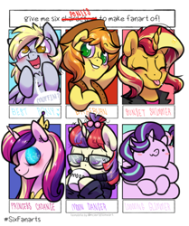 Size: 858x1024 | Tagged: safe, artist:paperbagpony, character:braeburn, character:derpy hooves, character:moondancer, character:princess cadance, character:starlight glimmer, character:sunset shimmer, species:alicorn, species:earth pony, species:pegasus, species:pony, species:unicorn, best pony, blushing, braebetes, clothing, colored pupils, cowboy hat, cup, cute, cutedance, dancerbetes, derpabetes, drinking, equestria girls outfit, eyes closed, eyes half closed, female, glasses, glimmerbetes, hat, horn, jewelry, long glimmer, male, mare, regalia, shimmerbetes, six fanarts, six ponies, smiling, stallion, stetson, sweater, tongue out, wings