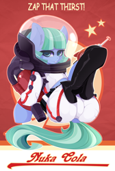Size: 4400x6534 | Tagged: safe, alternate version, artist:xsatanielx, rcf community, oc, oc only, oc:silky strings, species:pony, clothing, commission, fallout, female, mare, nuka cola, solo