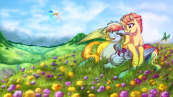 Size: 3840x2160 | Tagged: safe, artist:lupiarts, character:rainbow dash, character:spitfire, species:bird, species:pegasus, species:pony, ship:spitdash, g4, biting, butterfly, creek, ear bite, female, field, hill, insect, ladybug, lesbian, mare, meadow, nibbling, one eye closed, prone, scenery, scenery porn, shipping, sky, smiling, spring