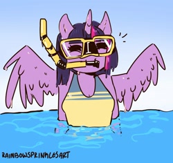 Size: 2000x1885 | Tagged: safe, artist:rainbowsprinklesart, character:twilight sparkle, character:twilight sparkle (alicorn), species:alicorn, species:anthro, species:pony, bust, clothing, cute, diving goggles, eyes closed, female, mare, one-piece swimsuit, signature, snorkel, solo, swimming, swimsuit, wet, wet mane