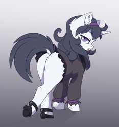 Size: 2410x2587 | Tagged: safe, artist:arctic-fox, patreon reward, oc, oc only, oc:spectra, species:pony, species:unicorn, butt, clothing, cosplay, costume, crossover, dock, dress, female, gradient background, headband, heels on a horse, hex maniac, high heels, lidded eyes, looking back, mare, patreon, plot, pokémon, shoes, solo