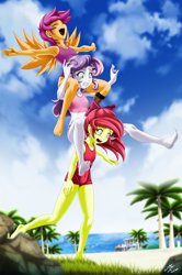 Size: 2100x3166 | Tagged: safe, alternate version, artist:mauroz, character:apple bloom, character:scootaloo, character:sweetie belle, species:pegasus, species:pony, my little pony:equestria girls, amputee, armpits, barefoot, beach, bikini, clothing, cutie mark crusaders, eyes closed, feet, female, horn, horned humanization, midriff, one-piece swimsuit, open mouth, piggyback ride, prosthetic leg, prosthetic limb, prosthetics, scared, smiling, swimsuit, this will end in pain, winged humanization, wings