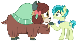 Size: 9457x5134 | Tagged: safe, artist:andoanimalia, character:sandbar, character:yona, species:earth pony, species:pony, species:yak, ship:yonabar, episode:she's all yak, g4, my little pony: friendship is magic, abstract background, bow, bow tie, cloven hooves, female, hair bow, holding hooves, male, monkey swings, shipping, simple background, story included, straight, transparent background, vector