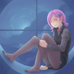 Size: 1400x1400 | Tagged: safe, alternate version, artist:ninjaham, character:flutterbat, character:fluttershy, species:human, clothing, female, humanized, pantyhose, sitting, solo, suit, vampire, window