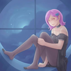 Size: 1400x1400 | Tagged: safe, artist:ninjaham, character:flutterbat, character:fluttershy, species:human, clothing, dress, female, humanized, pantyhose, sitting, solo, vampire, window