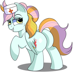 Size: 1280x1255 | Tagged: safe, artist:rainbowtashie, commissioner:bigonionbean, writer:bigonionbean, character:lightning dust, character:nurse redheart, oc, oc:instant care, species:earth pony, species:pegasus, species:pony, butt, clothing, cutie mark, female, flank, fusion, fusion:instant care, hat, mare, nurse hat, plot, simple background, sultry pose, transparent background