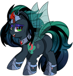 Size: 1280x1329 | Tagged: safe, artist:rainbowtashie, commissioner:bigonionbean, writer:bigonionbean, character:king sombra, character:nightmare moon, character:princess luna, character:queen chrysalis, oc, oc:empress sacer malum, species:changeling, species:pony, species:unicorn, alicorn amulet, butt, changeling queen, curved horn, cutie mark, ethereal mane, female, fusion, fusion:empress sacer malum, horn, jewelry, mare, nightmare, plot, queen umbra, rule 63, simple background, sultry pose, transparent background