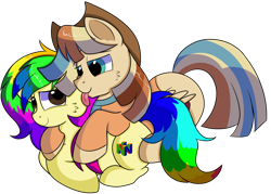 Size: 1280x917 | Tagged: safe, artist:rainbowtashie, commissioner:bigonionbean, writer:bigonionbean, character:braeburn, oc, oc:rainbow tashie, oc:spicy cider, species:earth pony, species:pegasus, species:pony, blushing, clothing, cowboy hat, cute, cutie mark, dawwww, female, fusion, fusion:spicy cider, hat, hug, in love, jumpsuit, licking, love, male, ox x oc, prone, romantic, shipping, simple background, stetson, straight, tongue out, transparent background, wind waker (character)