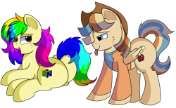 Size: 1280x786 | Tagged: safe, artist:rainbowtashie, commissioner:bigonionbean, writer:bigonionbean, character:braeburn, oc, oc:rainbow tashie, oc:spicy cider, species:earth pony, species:pegasus, species:pony, butt, clothing, cowboy hat, cutie mark, dawwww, female, fusion, fusion:spicy cider, hat, in love, jumpsuit, large butt, love, male, oc x oc, plot, romantic, shipping, simple background, stetson, straight, sultry pose, tongue out, transparent background, wind waker (character)