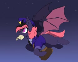Size: 3100x2480 | Tagged: safe, artist:arctic-fox, oc, oc only, species:bat pony, species:pony, bat pony oc, bat wings, mail, mailmare, missing cutie mark, mouth hold, solo, stars, wings
