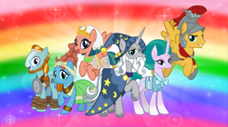 Size: 5360x3008 | Tagged: safe, artist:andoanimalia, edit, character:flash magnus, character:meadowbrook, character:mistmane, character:rockhoof, character:somnambula, character:star swirl the bearded, species:earth pony, species:pegasus, species:pony, species:unicorn, g4, absurd resolution, armor, clothing, flying, hat, open mouth, pillars of equestria, rainbow, smiling, wallpaper, wallpaper edit, wizard hat