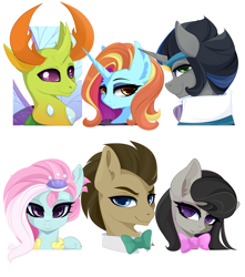 Size: 4950x5607 | Tagged: safe, artist:xsatanielx, rcf community, character:doctor whooves, character:good king sombra, character:kerfuffle, character:king sombra, character:octavia melody, character:sassy saddles, character:thorax, character:time turner, species:changeling, species:earth pony, species:pegasus, species:pony, species:reformed changeling, species:unicorn, friendship is magic: rainbow roadtrip, g4, my little pony: friendship is magic, bow tie, bust, female, male, mare, simple background, six fanarts, stallion, white background