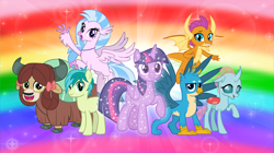 Size: 5360x3008 | Tagged: safe, artist:andoanimalia, character:gallus, character:ocellus, character:sandbar, character:silverstream, character:smolder, character:tree of harmony, character:treelight sparkle, character:twilight sparkle, character:yona, species:changeling, species:classical hippogriff, species:dragon, species:earth pony, species:griffon, species:hippogriff, species:pony, species:reformed changeling, species:yak, bow, cloven hooves, colored hooves, cute, diaocelles, diastreamies, dragoness, female, flying, gallabetes, hair bow, jewelry, male, monkey swings, necklace, rainbow, sandabetes, smolderbetes, sparkles, student six, teenager, treelight sparkle, yonadorable