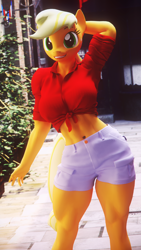Size: 2160x3840 | Tagged: safe, artist:dashie116, character:applejack, species:anthro, species:pony, 3d, abs, alleyway, applebucking thighs, breasts, busty applejack, cinema 4d, clothing, denim shorts, explicit source, female, front knot midriff, looking at you, mare, midriff, muscles, smiling, solo