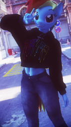 Size: 2160x3840 | Tagged: safe, artist:dashie116, character:rainbow dash, species:anthro, species:pony, 3d, abs, belly button, cinema 4d, clothing, explicit source, female, hoodie, jeans, looking at you, mare, midriff, pants, peace sign, smiling, solo, street