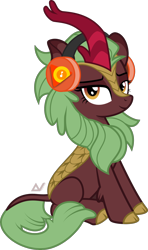 Size: 1268x2146 | Tagged: safe, artist:arifproject, character:cinder glow, character:summer flare, species:kirin, cloven hooves, female, google, google music, headphones, looking at you, simple background, sitting, smiling, smirk, solo, transparent background