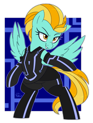 Size: 1761x2312 | Tagged: safe, artist:notenoughapples, character:lightning dust, species:pegasus, species:pony, abstract background, bipedal, clothing, cosplay, costume, crossover, female, mare, solo, tron, tron legacy