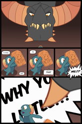 Size: 793x1199 | Tagged: safe, artist:queencold, character:dragon lord torch, oc, oc:basalt, species:dragon, abuse, baby, baby dragon, baby torch, child abuse, chubby bubbles girl, comic, dragon oc, drawing, duo, father and child, father and son, male, meme, why you little, younger
