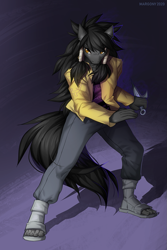 Size: 867x1300 | Tagged: safe, artist:margony, oc, oc only, species:anthro, species:plantigrade anthro, anime, anthro oc, clothing, crossover, feet, male, naruto, ninja, pants, solo, weapon