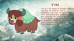 Size: 1280x719 | Tagged: safe, artist:andoanimalia, character:yona, species:yak, bio, bow, cloven hooves, cute, female, hair bow, looking at you, monkey swings, mountain, smiling, story included, yonadorable