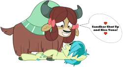 Size: 1750x956 | Tagged: safe, artist:andoanimalia, edit, character:sandbar, character:yona, species:pony, species:yak, ship:yonabar, episode:school raze, g4, my little pony: friendship is magic, cute, dialogue, female, implied kissing, male, sandabetes, shipping, shut up and kiss me, simple background, speech bubble, straight, transparent background, vector, yonadorable