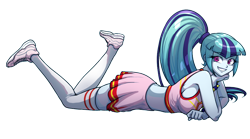 Size: 1024x569 | Tagged: safe, artist:rileyav, character:sonata dusk, equestria girls:rainbow rocks, g4, my little pony: equestria girls, my little pony:equestria girls, adorasexy, bracelet, breasts, cheerleader outfit, clothing, commission, cute, female, jewelry, looking at you, lying down, midriff, ponytail, sexy, shoes, sideboob, simple background, skirt, smiling, sneakers, socks, solo, sonatabetes, spiked wristband, sports bra, sports shoes, thigh highs, transparent background, underwear, wristband, zettai ryouiki