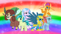 Size: 1280x719 | Tagged: safe, artist:andoanimalia, character:gallus, character:ocellus, character:sandbar, character:silverstream, character:smolder, character:yona, species:changeling, species:classical hippogriff, species:dragon, species:earth pony, species:griffon, species:hippogriff, species:pony, species:reformed changeling, species:yak, episode:the last problem, g4, my little pony: friendship is magic, armor, cloven hooves, colored hooves, dragoness, female, flying, helmet, jewelry, male, monkey swings, necklace, older, older gallus, older ocellus, older sandbar, older silverstream, older smolder, older student six, older yona, rainbow, rainbow background, royal guard gallus, stallion, story included, student six