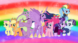Size: 1280x719 | Tagged: safe, artist:andoanimalia, character:applejack, character:fluttershy, character:pinkie pie, character:rainbow dash, character:rarity, character:spike, character:starlight glimmer, character:twilight sparkle, character:twilight sparkle (alicorn), species:alicorn, species:dragon, species:earth pony, species:pegasus, species:pony, species:unicorn, episode:the last problem, g4, my little pony: friendship is magic, clothing, council of friendship, cowboy hat, female, hat, male, mane seven, mane six, mare, older, older applejack, older fluttershy, older mane seven, older mane six, older pinkie pie, older rainbow dash, older rarity, older spike, older twilight, princess twilight 2.0, rainbow background, scarf, story included