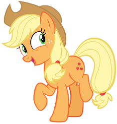 Size: 6869x7306 | Tagged: safe, artist:andoanimalia, character:applejack, species:earth pony, species:pony, episode:buckball season, g4, my little pony: friendship is magic, applejack's hat, clothing, cowboy hat, cute, excited, female, freckles, hat, jackabetes, looking sideways, mare, ponytail, raised hoof, raised leg, simple background, smiling, solo, stetson, tied tail, transparent background, vector