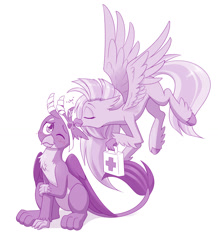 Size: 1280x1466 | Tagged: safe, artist:dstears, character:gallus, character:silverstream, species:griffon, species:hippogriff, ship:gallstream, bandage, blushing, cute, diastreamies, digital art, female, first aid kit, gallabetes, kiss on the head, male, monochrome, shipping, simple background, smiling, straight, white background