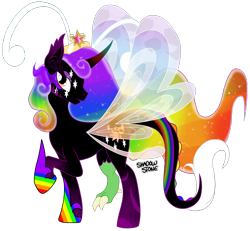 Size: 3858x3558 | Tagged: safe, artist:theshadowstone, oc, oc only, oc:princess changeling rainbow magic pants, species:alicorn, species:bat pony, species:breezies, species:draconequus, species:pony, donut steel, female, intentionally bad, multicolored hair, rainbow hair, simple background, solo, transparent background
