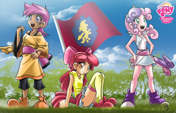 Size: 1280x824 | Tagged: safe, artist:mauroz, character:apple bloom, character:scootaloo, character:sweetie belle, species:human, species:pegasus, species:pony, bow, clothing, cloud, cutie mark crusaders, dress, female, flag, grass, hair bow, humanized, looking at you, open mouth, schrödinger's pantsu, skirt, sky, tree, zettai ryouiki
