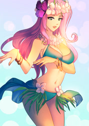 Size: 990x1402 | Tagged: safe, artist:bakki, character:fluttershy, species:human, beautiful, beautisexy, belly button, big breasts, bikini, blue background, bracelet, breasts, busty fluttershy, butterfly, clothing, commission, dancing, female, flower, flower in hair, grass skirt, hula, hula dance, hulashy, humanized, jewelry, lei, simple background, skirt, solo, swimsuit