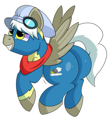 Size: 851x939 | Tagged: safe, artist:rainbowtashie, commissioner:bigonionbean, writer:bigonionbean, character:silver lining, oc, oc:air brakes, species:earth pony, species:pegasus, species:pony, butt, caboose, clothing, conductor hat, cutie mark, extra thicc, flank, fusion, fusion:air brakes, goggles, hat, male, plot, scarf, simple background, stallion, thicc ass, transparent background, uniform, wonderbolts, wonderbolts uniform