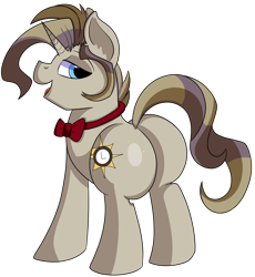 Size: 1280x1393 | Tagged: safe, artist:rainbowtashie, commissioner:bigonionbean, writer:bigonionbean, character:doctor whooves, character:prince blueblood, character:time turner, oc, oc:royal minutes, species:earth pony, species:pony, species:unicorn, bow tie, butt, cutie mark, extra thicc, flank, fusion, fusion:royal minutes, male, plot, simple background, stallion, thicc ass, transparent background