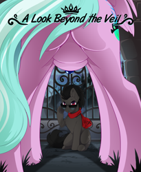 Size: 3057x3736 | Tagged: safe, artist:arctic-fox, oc, oc only, oc:axl, oc:sapphire night, species:alicorn, species:earth pony, species:pony, alicorn oc, butt, castle, clothing, commission, female, for your eyes only, framed by legs, gate, horn, jewelry, male, mare, movie poster, necklace, plot, scarf, spooky, stallion, sunglasses, wings