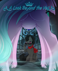 Size: 3057x3736 | Tagged: safe, artist:arctic-fox, oc, oc only, oc:axl, oc:sapphire night, species:alicorn, species:earth pony, species:pony, alicorn oc, butt, castle, clothing, commission, female, fog, for your eyes only, framed by legs, gate, horn, jewelry, male, mare, necklace, plot, scarf, spooky, stallion, sunglasses, wings