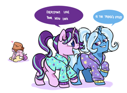 Size: 1441x1053 | Tagged: safe, artist:paperbagpony, gameloft, character:starlight glimmer, character:trixie, oc, oc:paper bag, species:pony, species:unicorn, babysitter trixie, clothing, gameloft interpretation, hoodie