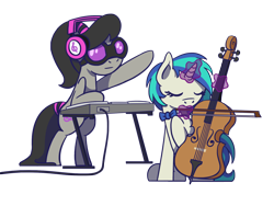 Size: 1800x1350 | Tagged: safe, artist:flutterluv, character:dj pon-3, character:octavia melody, character:vinyl scratch, species:earth pony, species:pony, species:unicorn, bow (instrument), bow tie, cello, cute, duo, headphones, musical instrument, rocktavia, role reversal, simple background, sunglasses, transparent background, turntable, vinyl class