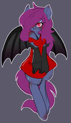 Size: 1111x1920 | Tagged: safe, artist:snow angel, oc, oc only, oc:ica, species:anthro, species:bat pony, species:unguligrade anthro, bat pony oc, bat wings, clothing, dark background, evening gloves, female, gloves, hair over one eye, long gloves, solo, spread wings, wings
