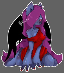 Size: 1280x1451 | Tagged: safe, artist:snow angel, oc, oc only, oc:ica, species:anthro, species:bat pony, species:unguligrade anthro, bat pony oc, bat wings, bow, clothing, female, gray background, hair bow, nail polish, signature, simple background, sitting, solo, wings